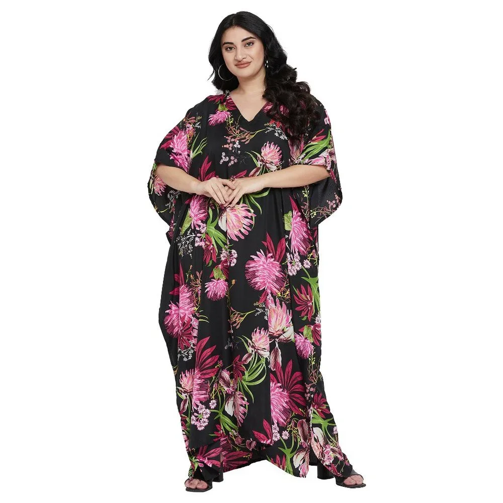 Plus Floral V-Neck Swim Coverup Kaftan in Black and Pink - Picture 2 of 9